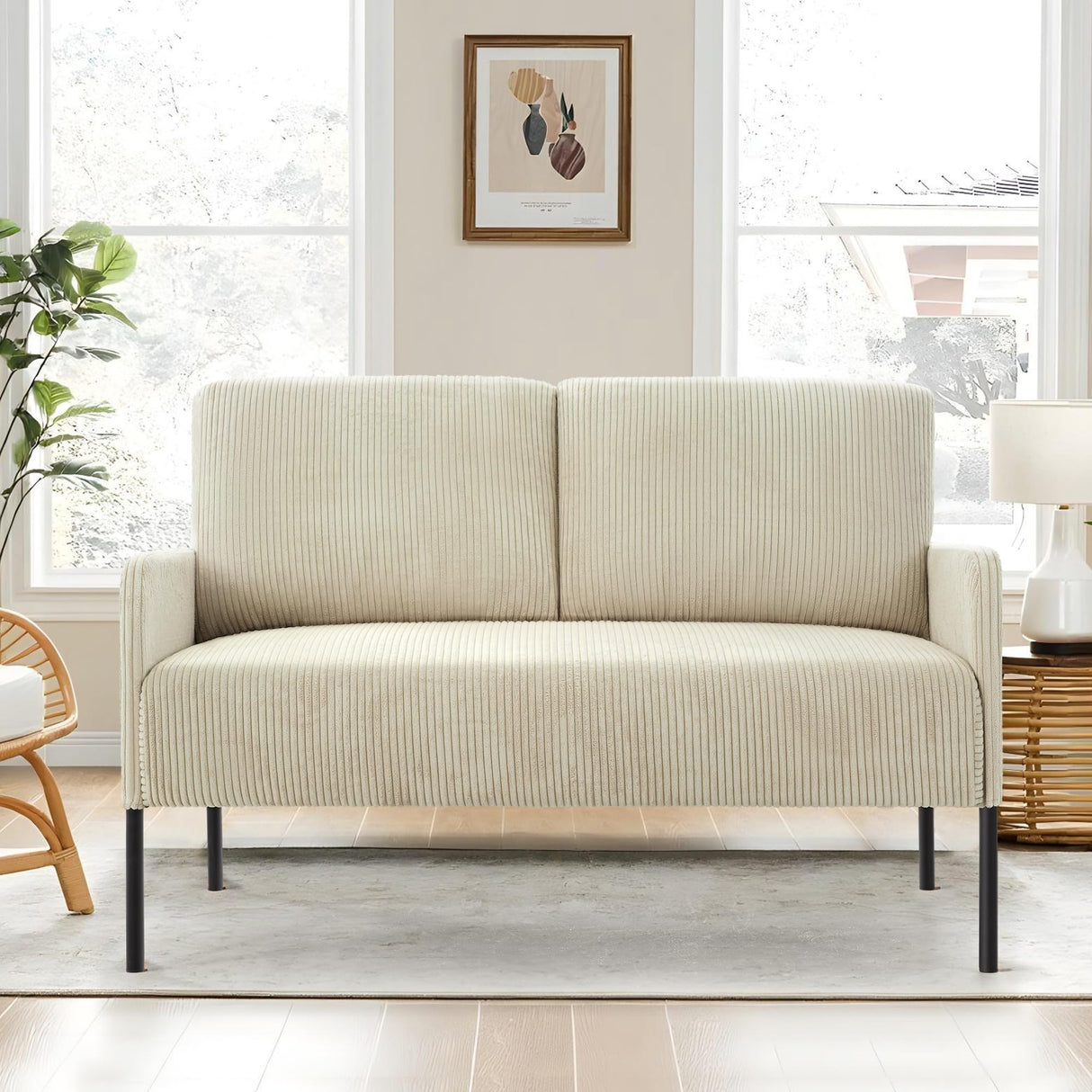 44" W Beige Loveseat Sofa Chair, 2-Seater Modern Corduroy Couch with Pillows