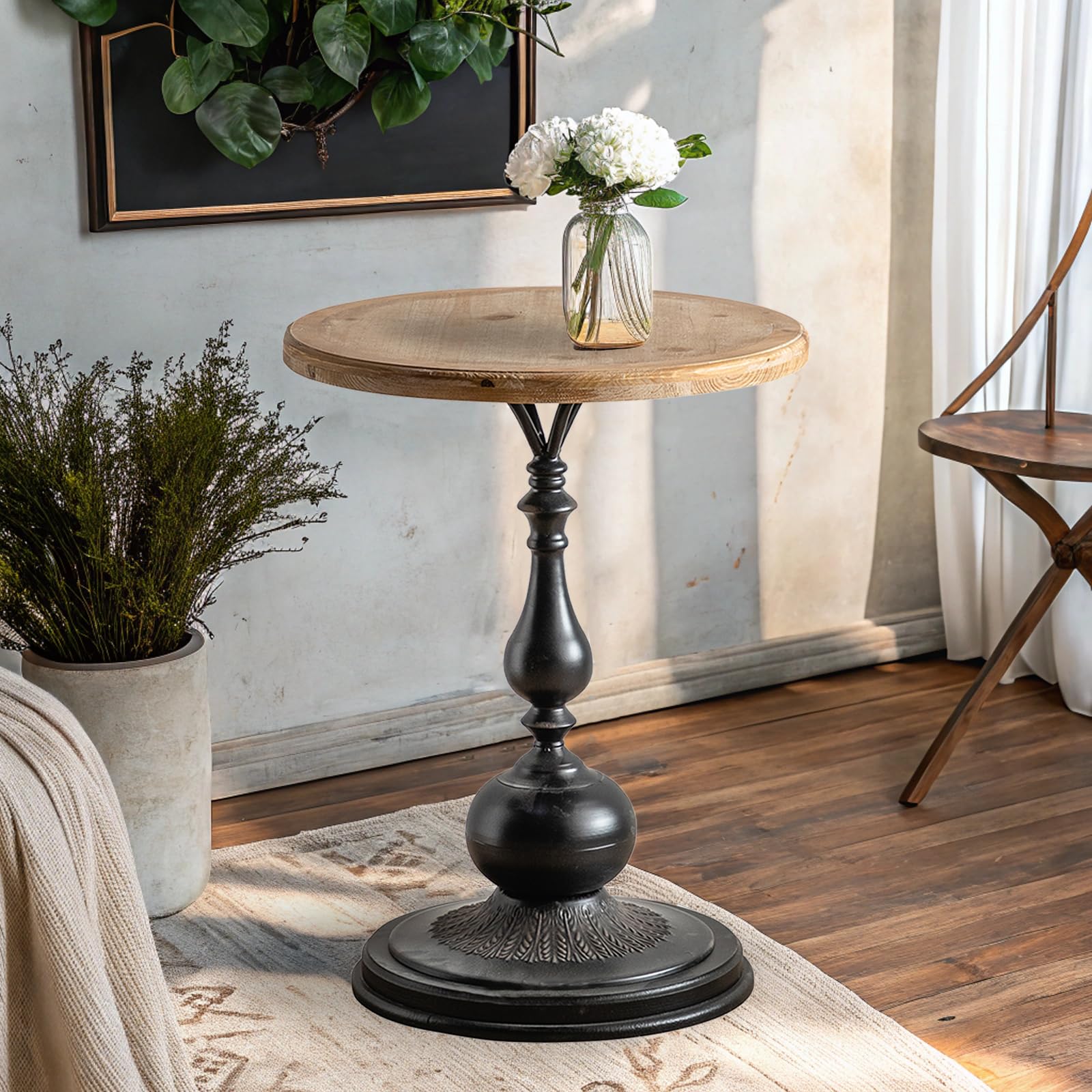 Vintage Round End Table Living Room, Rusitc Side Table, Farmhouse Pedestal Table