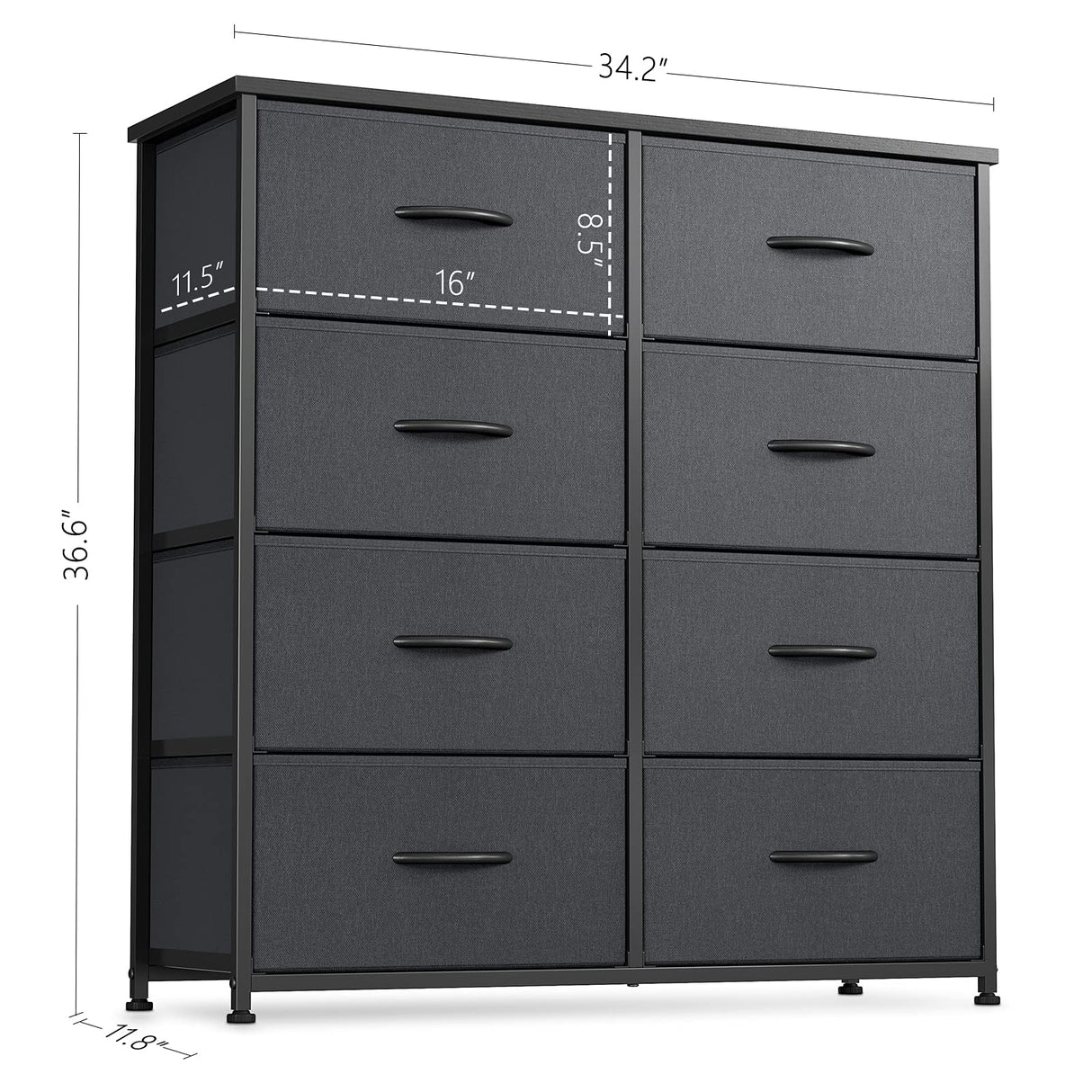 Dresser for Bedroom, Tall Fabric Dresser of Chest with 8 Drawers Storage Organizer, Wide Dresser for Closet, Living Room, Bedroom, Hallway, Steel Frame Wood Top, Black Grey