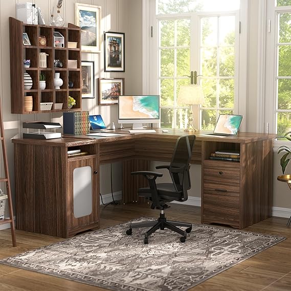 L Shaped Desk with Drawers, 60 Inch Corner Computer Desks with USB Charging Port