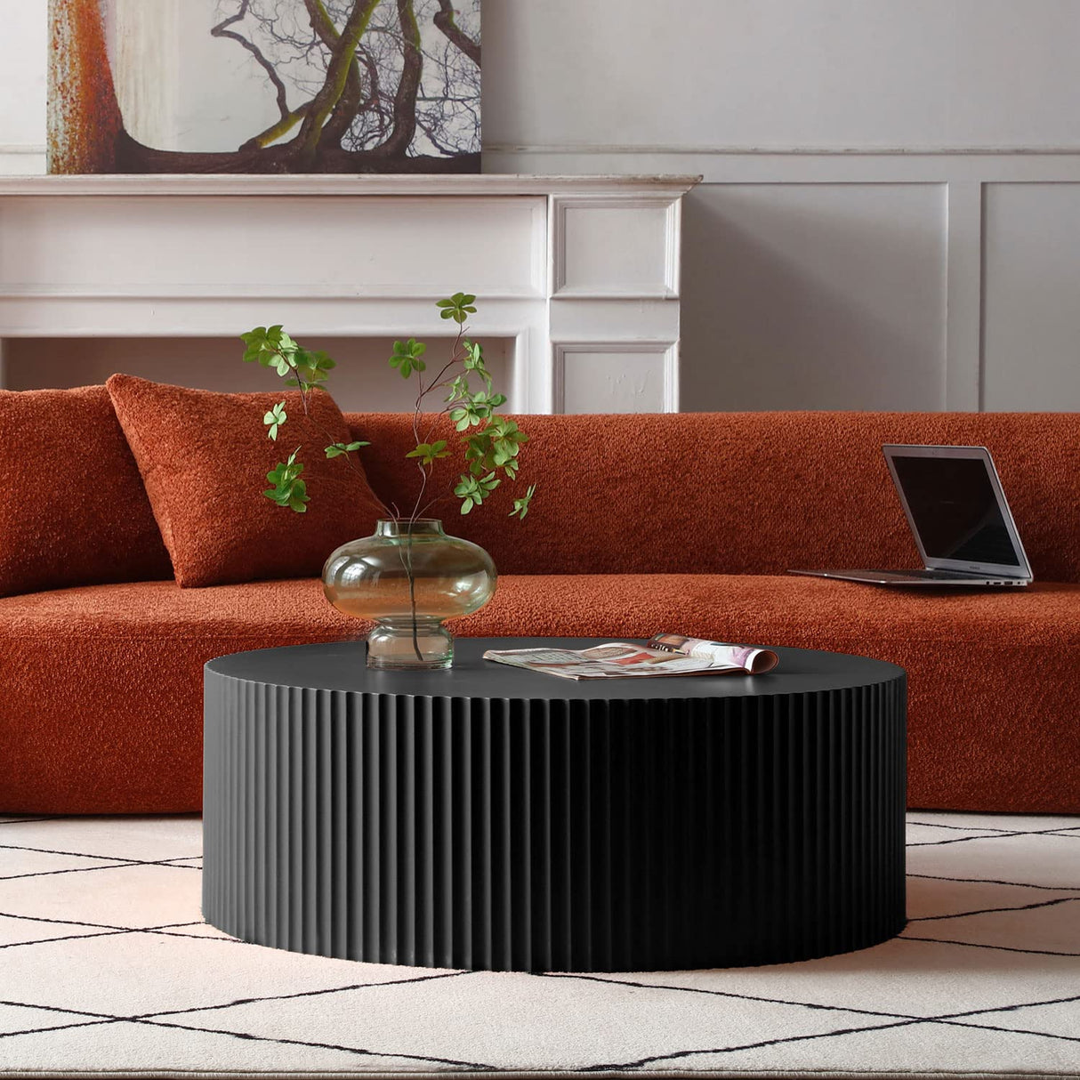 Black Round Coffee Table Modern Side Table End Table for Living Room, Wood Circle Drum Coffee Table Contemporary Living Room End Table Side Table, Matte Black (ø35.4'' x 13.7'')