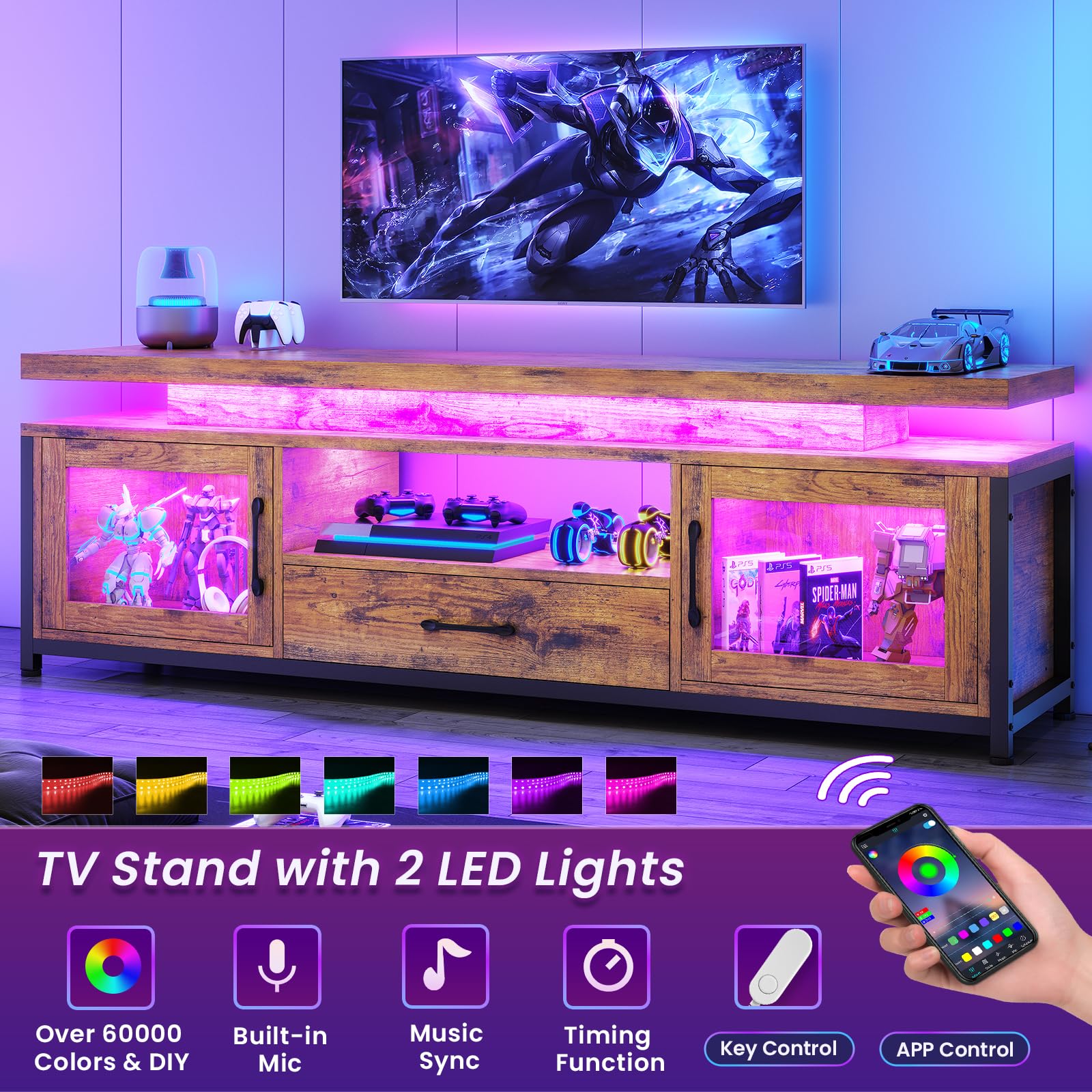TV Stand for 55/60/65 Inch TV, Gaming Entertainment Center with Power
