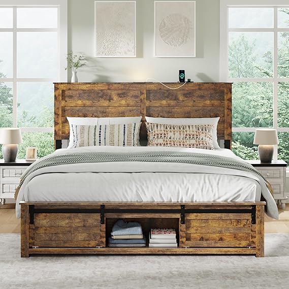 Queen Bed Frame with Wood Headboard & Charging Station