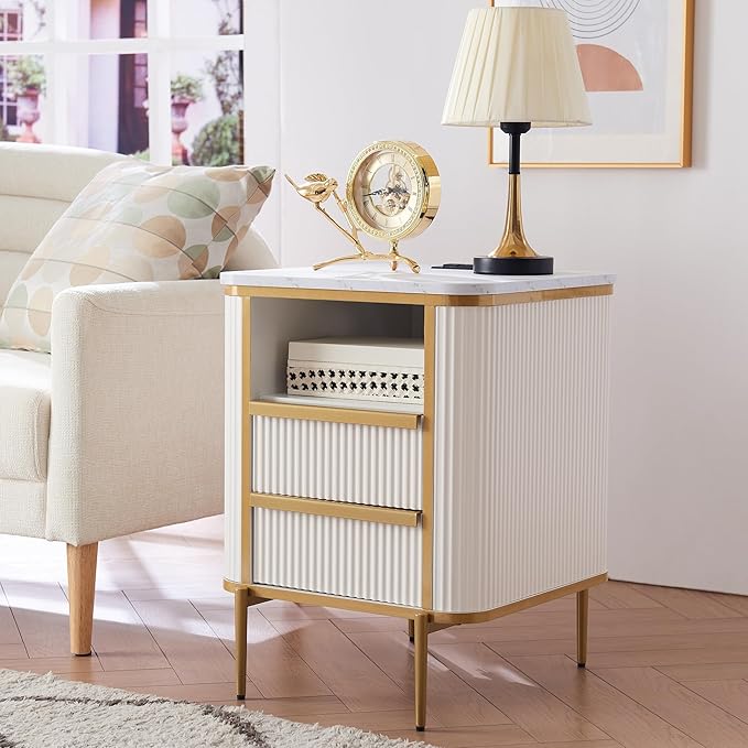 Modern Chic Fluted Nightstand Luxury with Charging Station, End Table/Bed Side Table w/2 Drawers