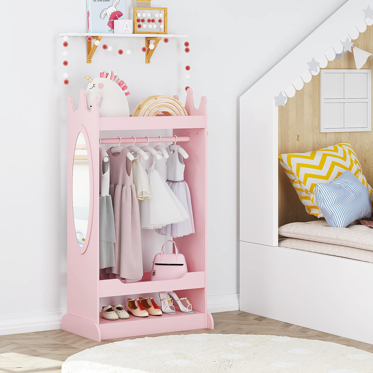 Kids Dress up Storage with Mirror,Costume Closet for Kids, Open Hanging Armoire Closet