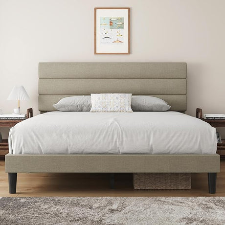 Queen Bed Frame Upholstered Queen Bed Frame Platform with Headboard Linen Fabric Headboard Wooden Slats Support,