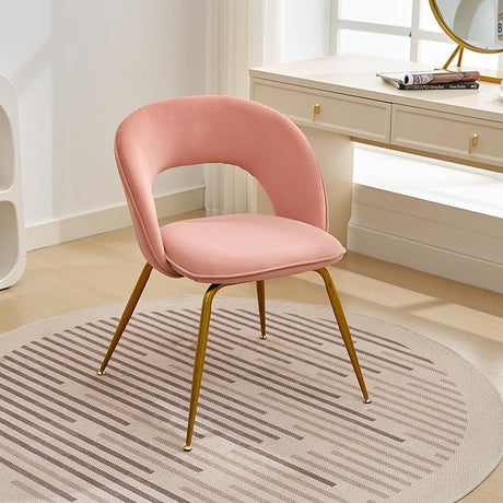 Vanity Chair for Makeup Room - Midcentury Modern Accent Velvet Chair with Back Support, Gold Legs for Living Room Bedroom (Pink)