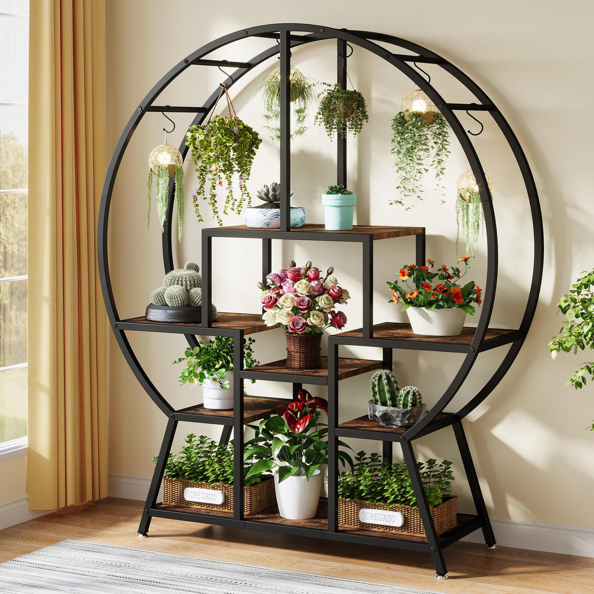 7-Tier Round Indoor Plant Stand, 65" Large Tall Plant Shelf with 6 S Hanging Hooks