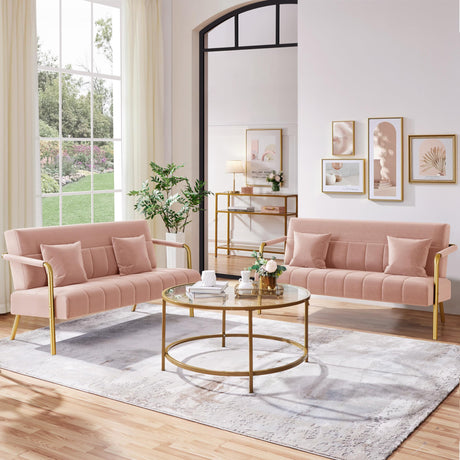 56.5" W Modern Loveseat 2 Seater Sofa Luxurious Velvet Fabric Couch with Gold-Tone Metal Arms and Legs for Living Room, Home Office, Studio Pink