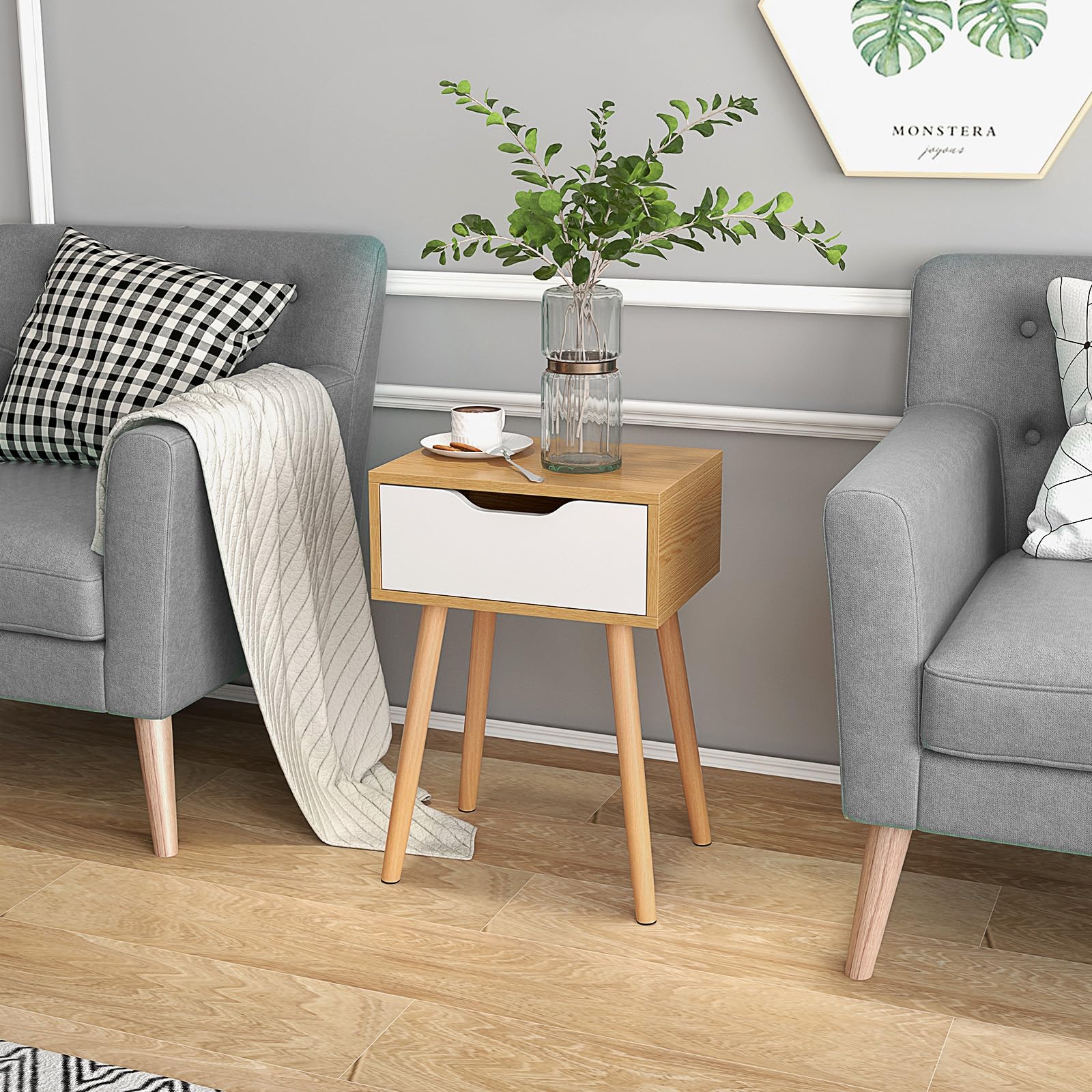 Nightstand Set of 2 with Drawer, Mid Century Modern Bedside Table