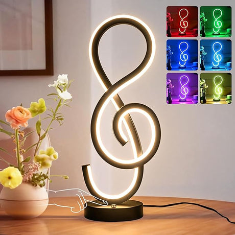 RGB Modern Table Lamp, LED Spiral Lamp with Music Note Design, Black Bedside Lamp