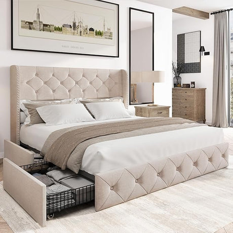 Bed Frame King Size Upholstered Platform Bed with Storage Drawers and Tufted Headboard