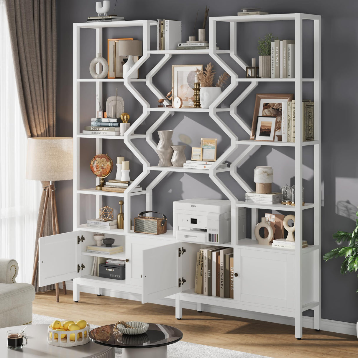 l 5-Tier Bookshelf with 4 Large Storage Cabinet, 74.2" W x 76.5" H Etagere Bookcase 14 Open Display Standing Shelves with Metal Frame for Living Room, Dining Room, White
