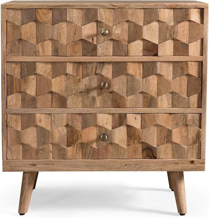 Mid-Century Modern Mango Wood 3 Drawer Chest, Natural
