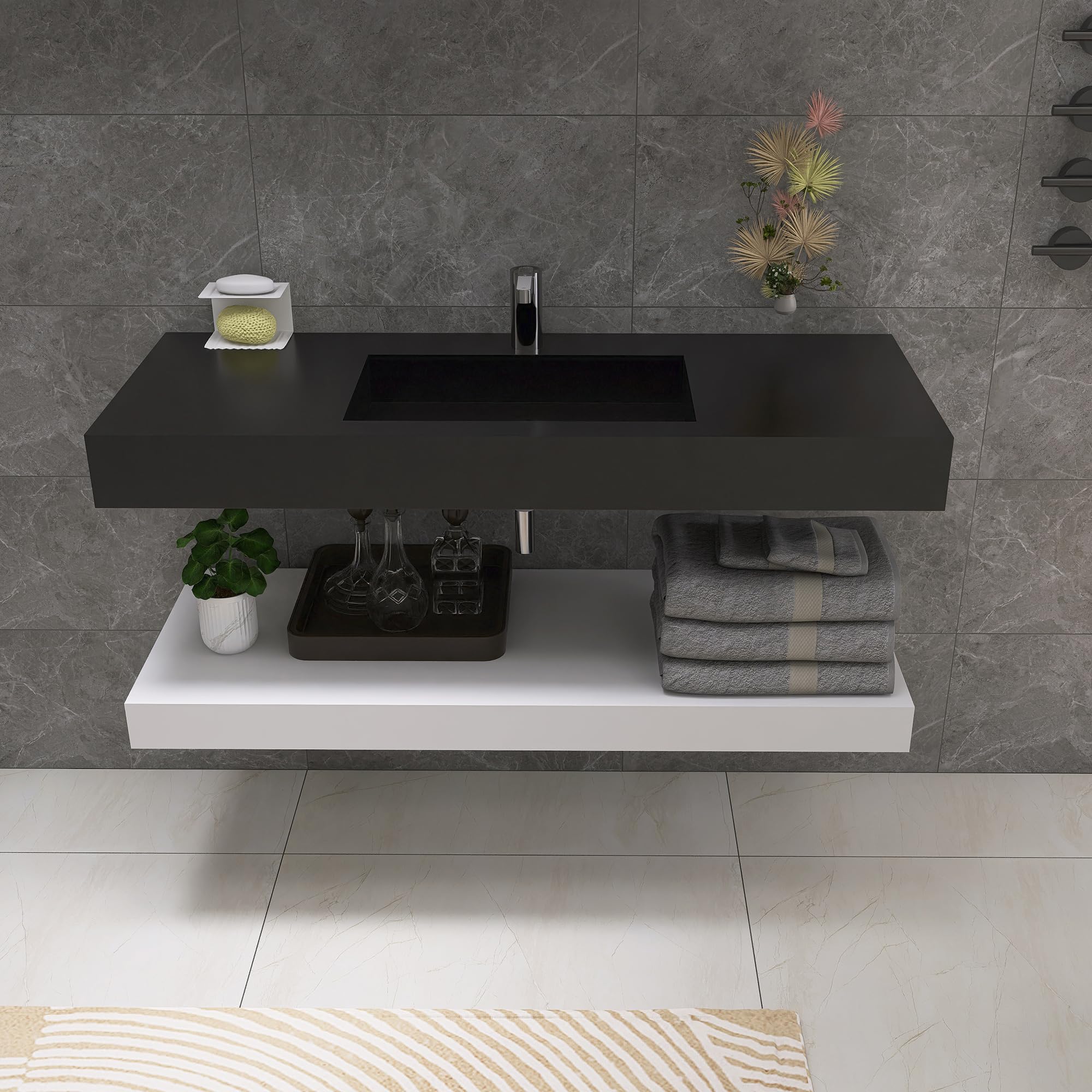 47"x19" Wall Mount Bathroom Vanity ，Bathroom Vanities with Sink Black Stone Resin