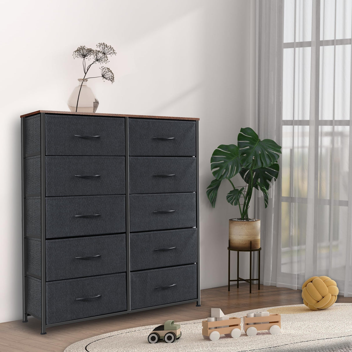 Sonharlar Dresser for Bedroom with 10 Drawers, Chest of Drawers, Storage Drawers Organizer Unit, Black Wide Fabric Dresser with Fabric Bins for Closet, Living Room, Entryway (Black and Rustic Brown)