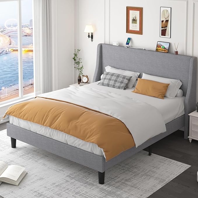 Full Bed Frame with Upholstered Wingback Headboard