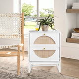 Rattan Nightstand Set of 2, End Side Table with 2 Rattan Drawers, Wood Square Bedside Table with Storage, Accent Sofa Table for Home Office Living Room Bedroom, White