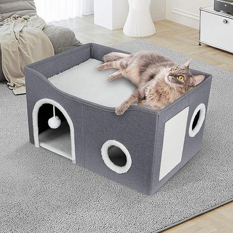 Cat House for Indoor Cats - Large Cat Bed Cave with Fluffy Ball and Scratch Pad