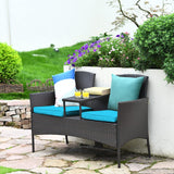 Outdoor Rattan Loveseat, Patio Conversation Set with Cushions & Table