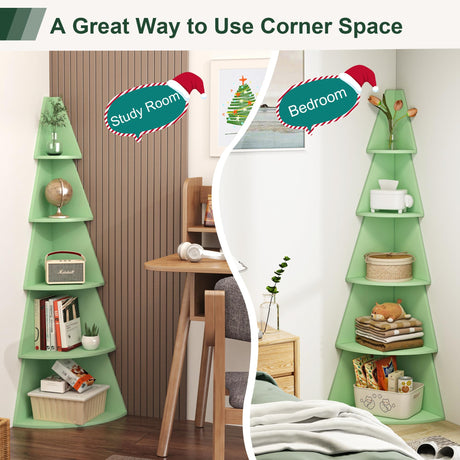 5 Tier Green Corner Book Shelf, 62" Tall Tree Corner Bookshelf with Storage,