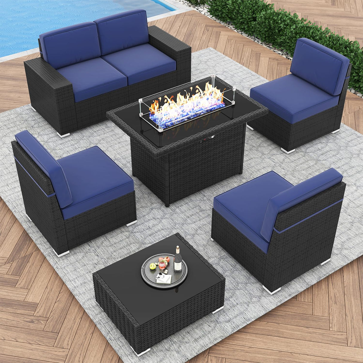 Outdoor Patio Furniture Set with 44" Fire Pit Table Rattan Sectional Sofa