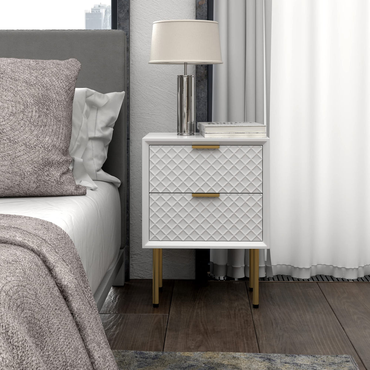 Modern 2-Drawer Nightstand Set of 2, Contemporary Side Table, Retro-Inspired