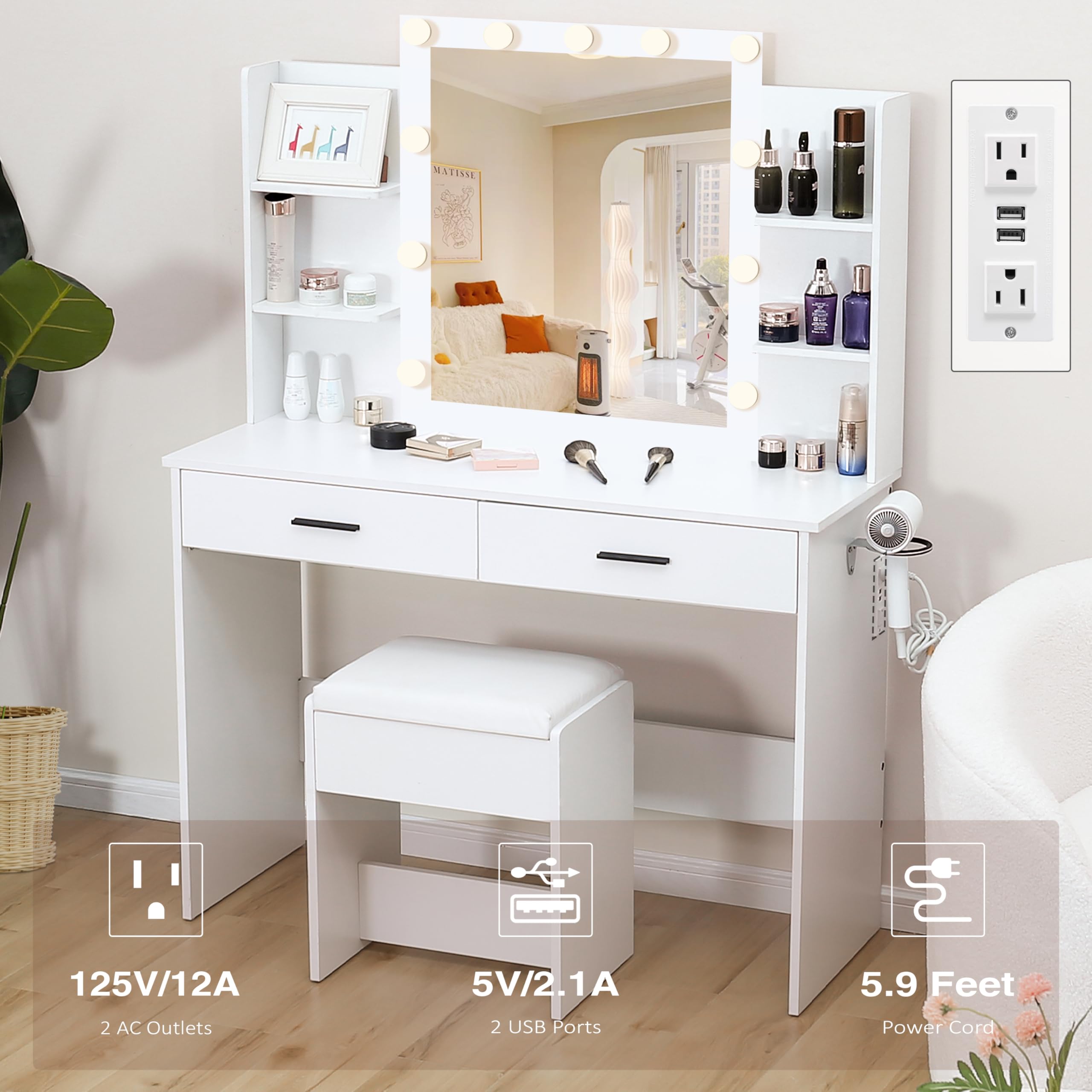 Makeup Vanity Desk with Mirror and Lights, Vanity Table with Large Drawer
