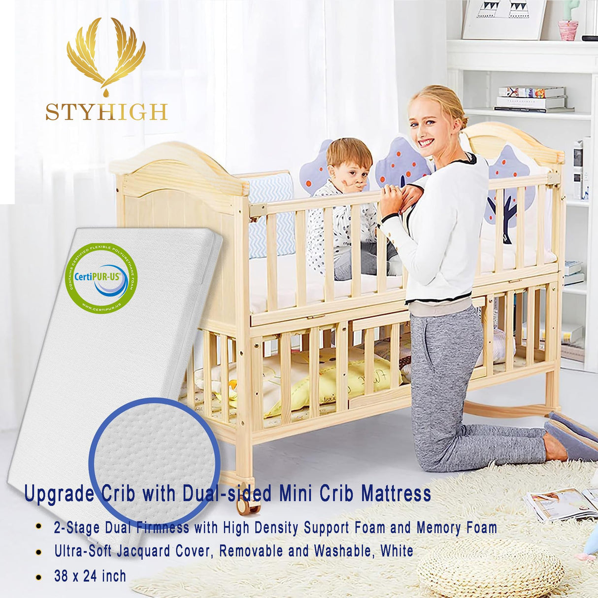 Mini Baby Crib 6 in 1 with Adjustable Memory Foam Mattress Included, 2024 Natural Wood Convertible Crib with Foldable Storage Baby Playpen,