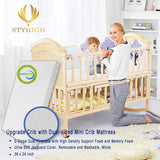 Mini Baby Crib 6 in 1 with Adjustable Memory Foam Mattress Included, 2024 Natural Wood Convertible Crib with Foldable Storage Baby Playpen,