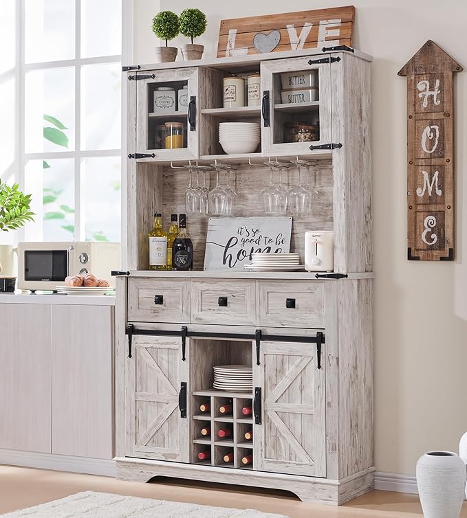 72" Farmhosue Bar Cabinet with Sliding Barn Door, Large Kitchen Buffet