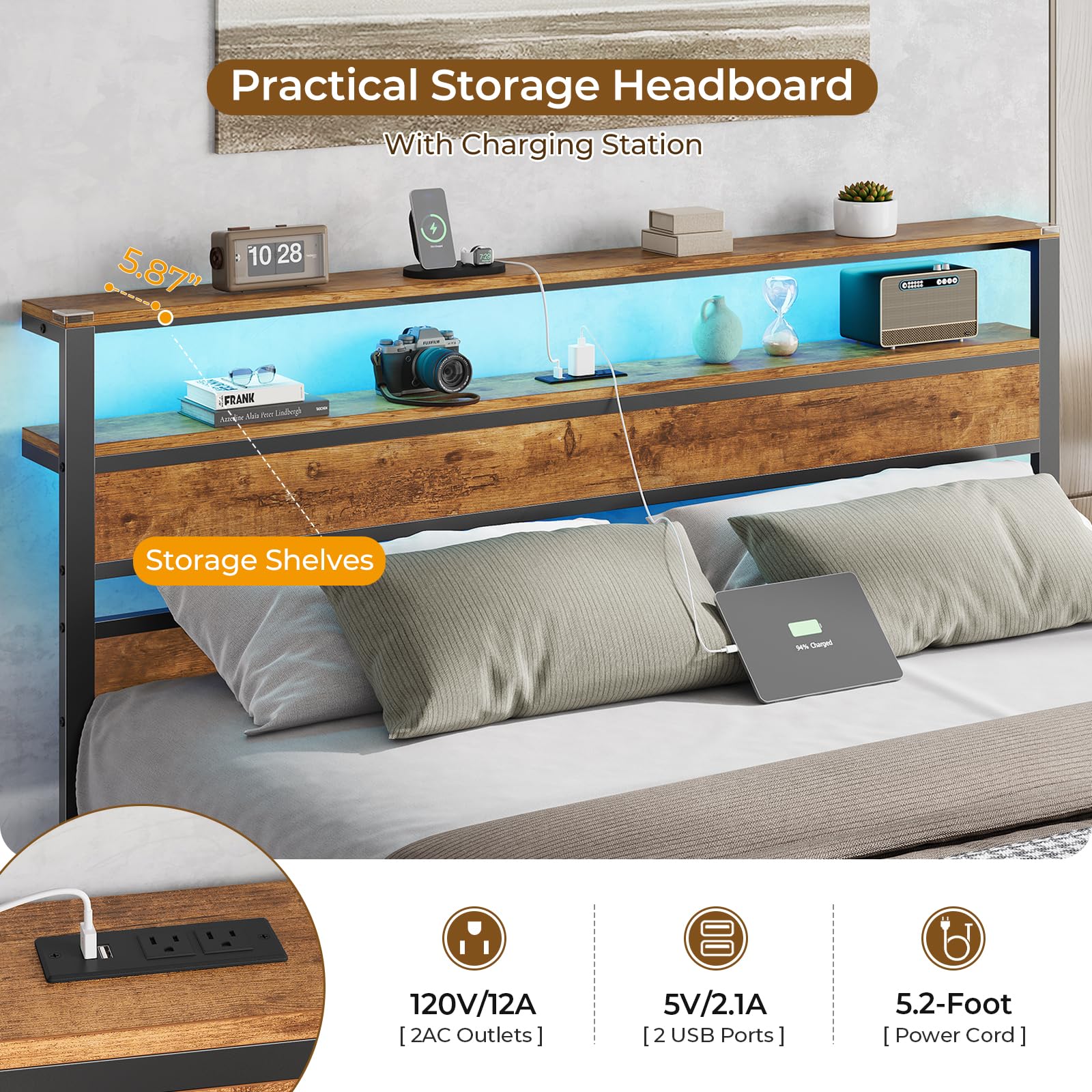 Full Bed Frame with LED Lights & Charging Station