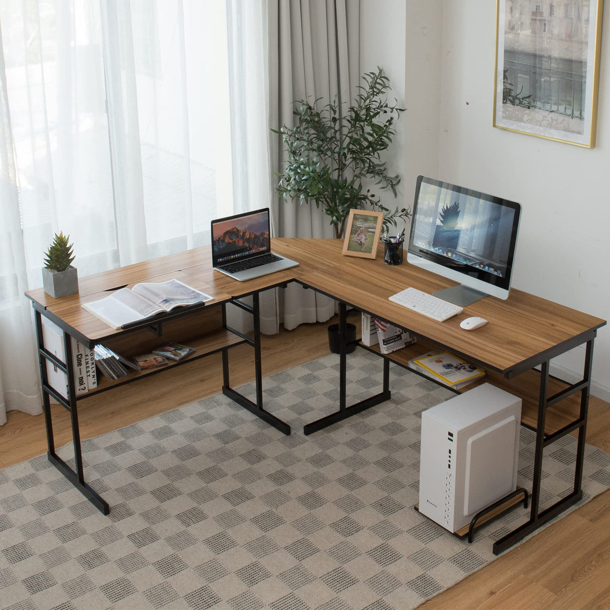 L-Shaped Drafting Desk, Corner Computer Desk with Bottom Bookshelves & CPU Stand