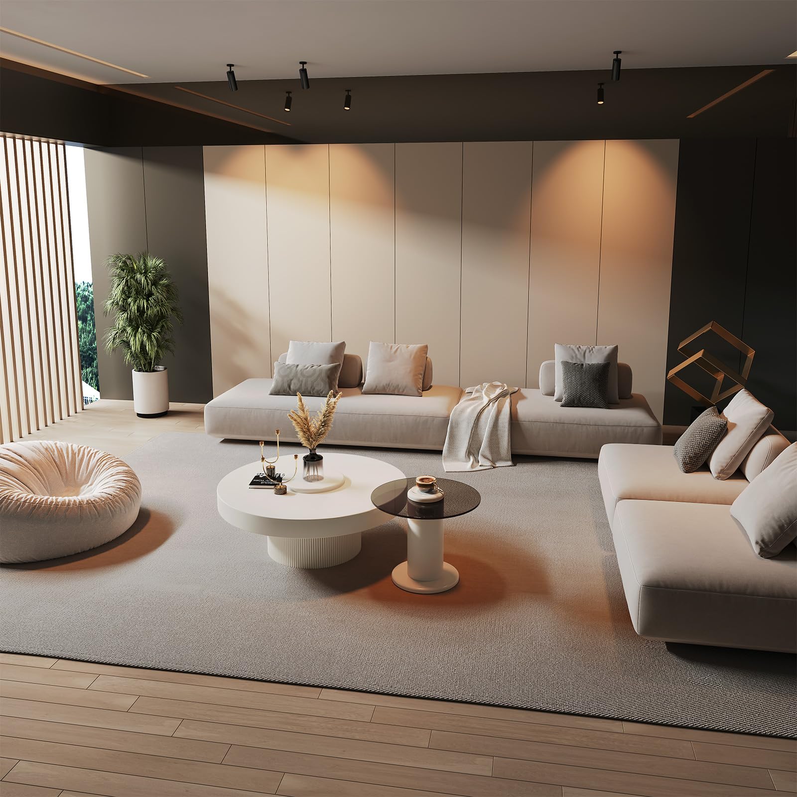 Round Nested Coffee Table Set, Creamy White Coffee Table and Tempered Glass Side Table Set, 2 in 1 Modern Nesting Coffee Table,