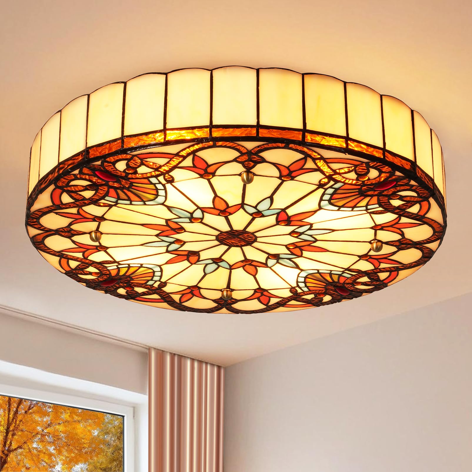 20-Inch Vintage Stained Glass Flush Mount Ceiling Light