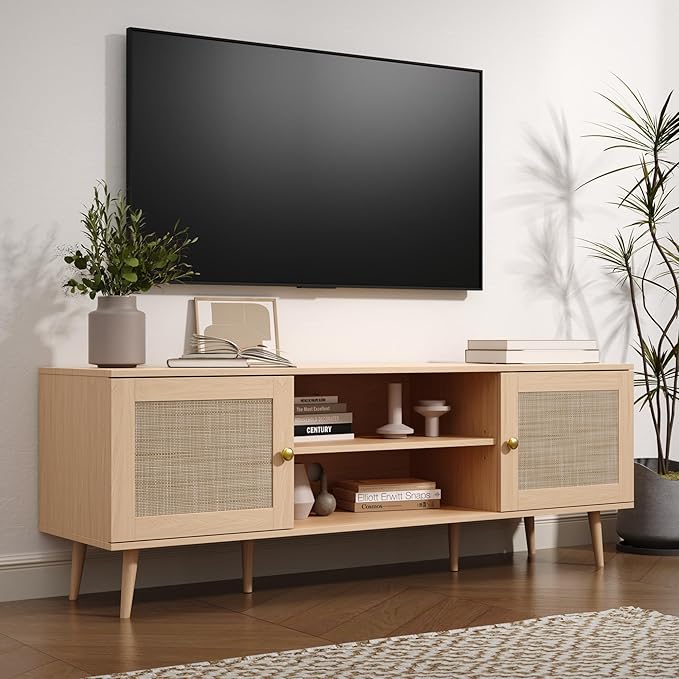 Rattan TV Stand for 55/65/70 inch TV, Boho 59" Entertainment Center with Storag