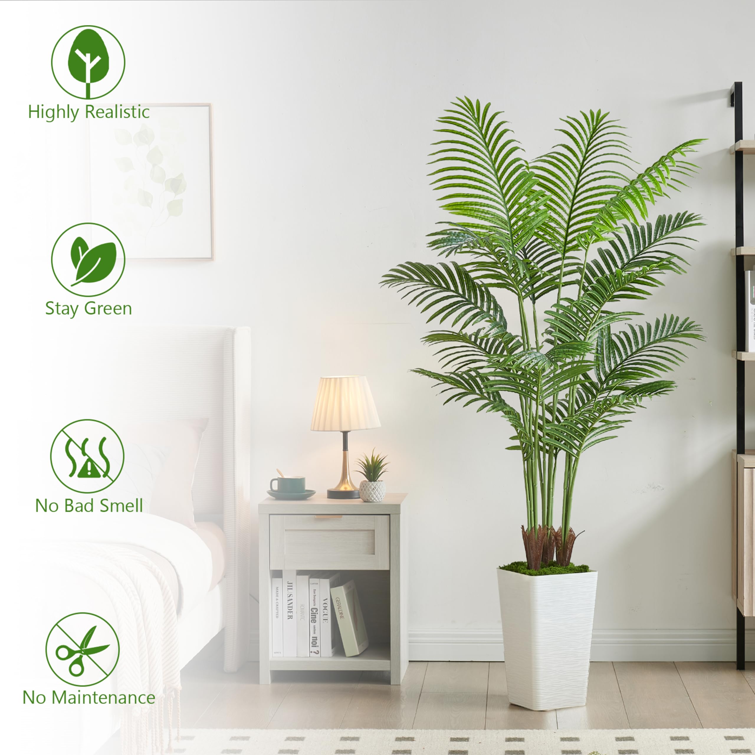 Artificial Palm Tree Artificial Silk Plant Fake Tree with White Tall Planter Faux Tropical Areca Floor Plant in Pot (1, White Tall Planter, 5 FT)