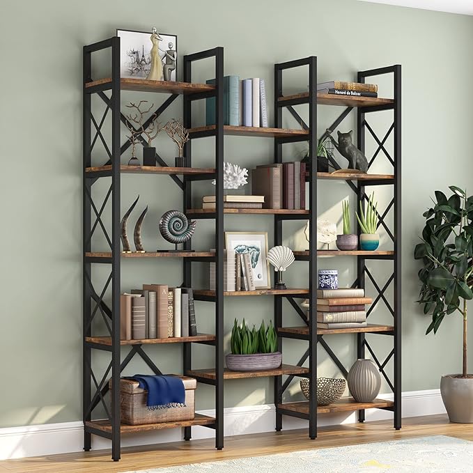 Triple Wide 5-Shelf Bookcase, Etagere Large Open Bookshelf Vintage Industrial Style Shelves Wood and Metal bookcases Furniture for Home & Office, 70 inch