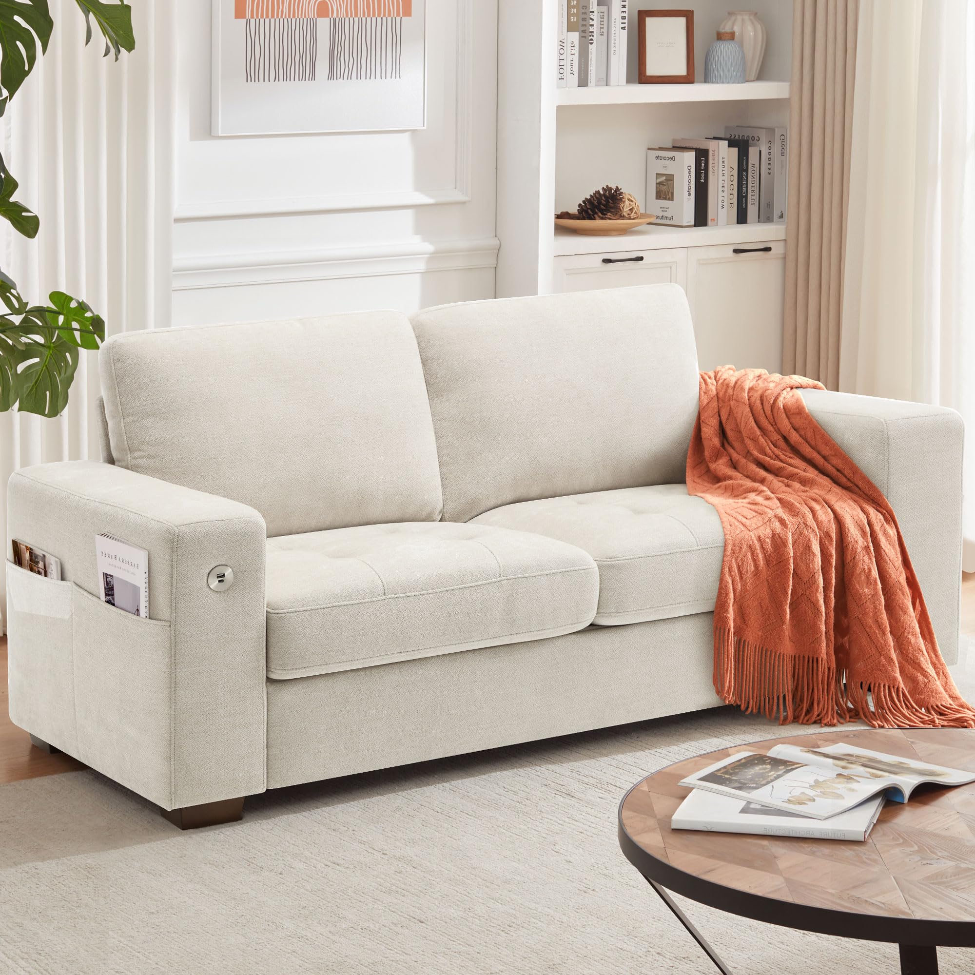 Sofa 70 Inch Loveseat with USB/Type-C Charging Port & Side Pocket, Comfy Modern 2-Seats Sofa for Living Room & Bedroom, Removable Medium Firm Sofa Cushion, Breathable Chenille Fabric, Beige