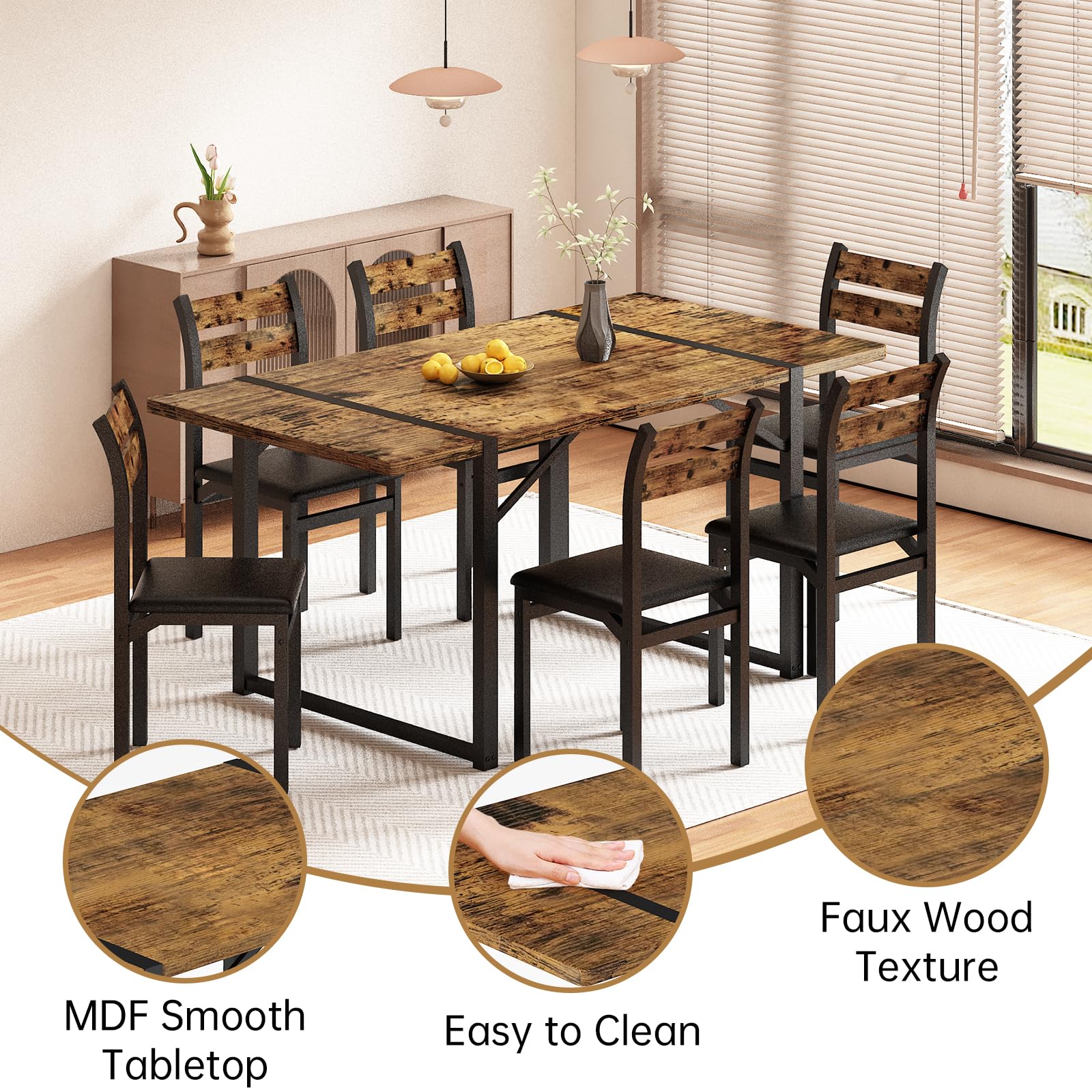 7-Piece Dining Table Set with Upholstered Chairs - 55" Farmhouse Style