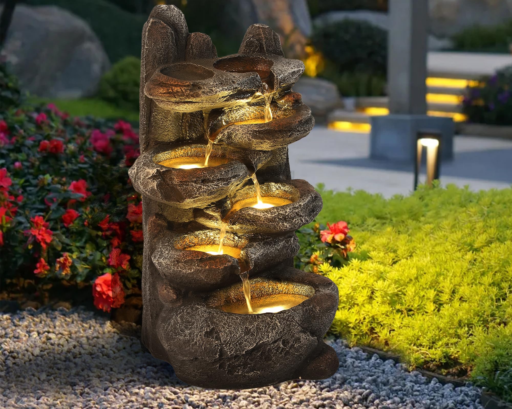 6-Tier Cascading Rock Water Fountain Outdoor Garden Waterfall with Lights