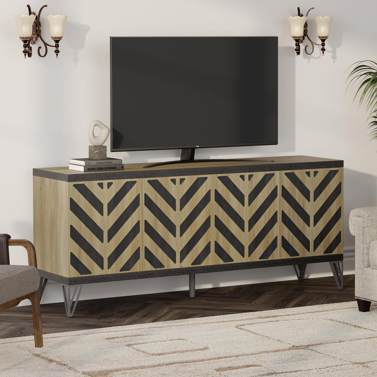 Large TV Stand for Living Room - TV Console Entertainment Center with Herringbone Pop