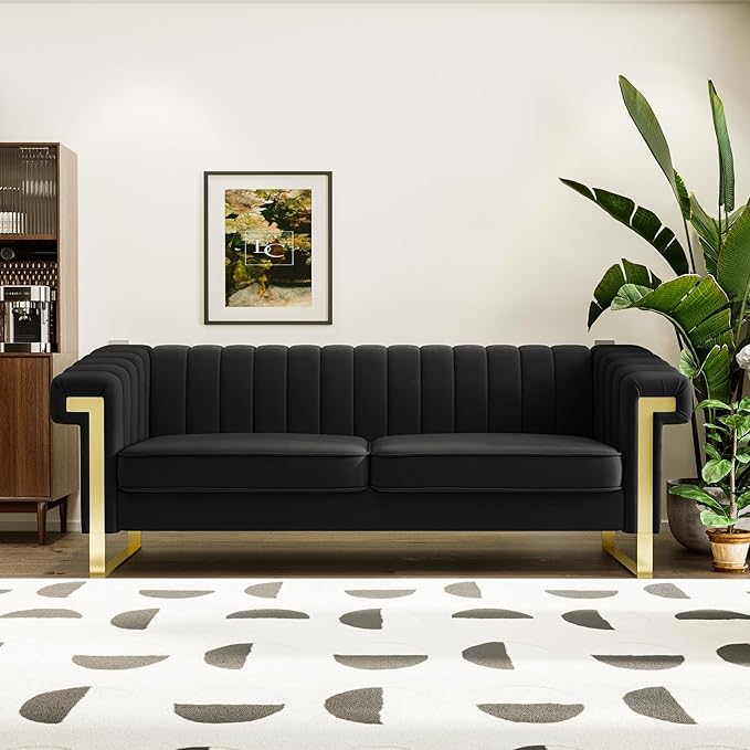 84" Velvet Couch Black Sofa Medieval Modern Luxury Sofa Comfortable Couches