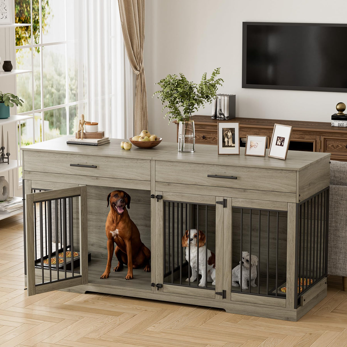 72" Double Dog Crate Furniture with Storage Drawers