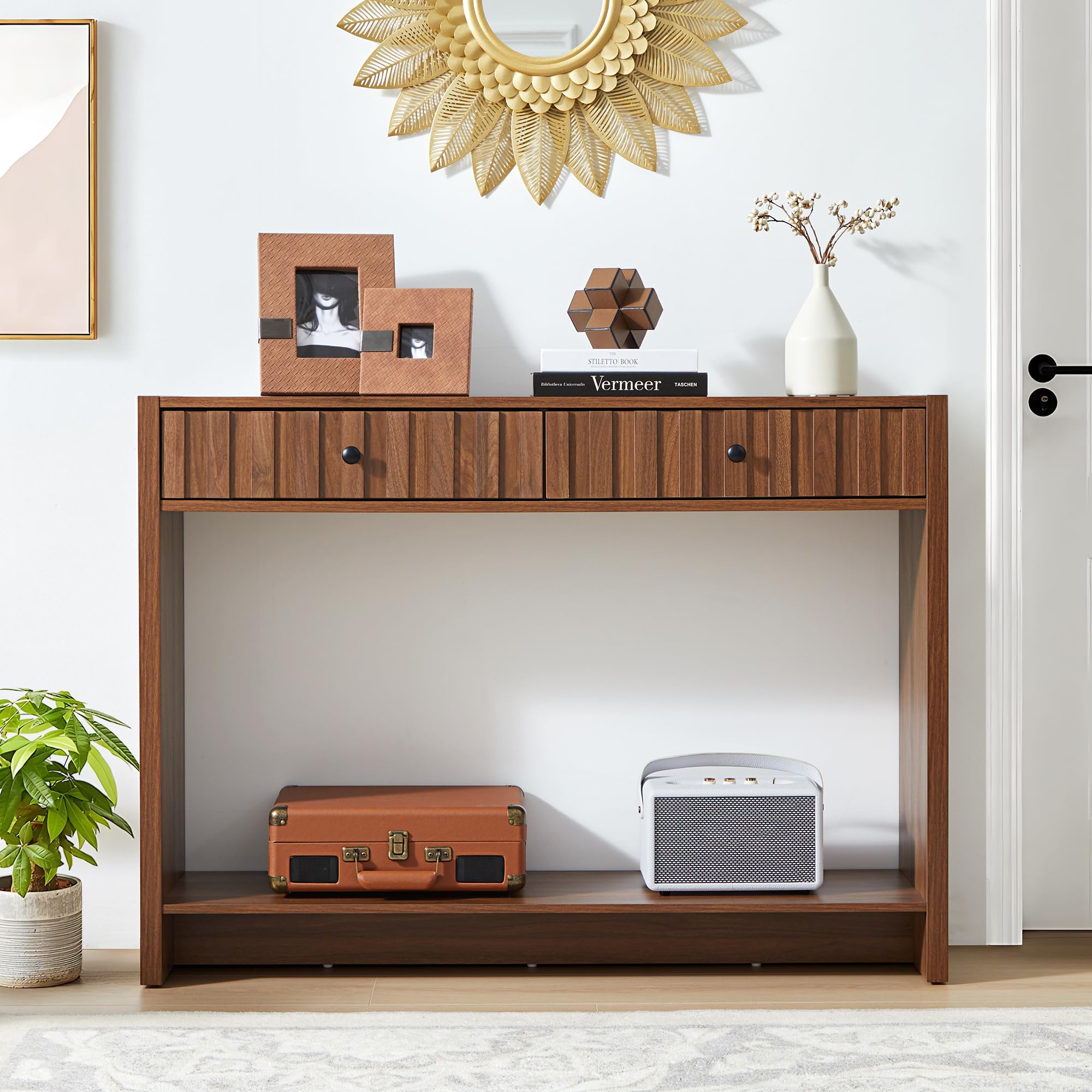 Entryway Console Table with Fluted Drawers, Mid Century Entryway Table
