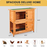 2 Story Wooden Rabbit Hutch for 2 Rabbits, Indoor Outdoor Bunny Cage