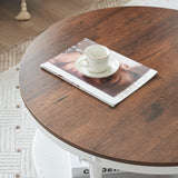 31.5" Rustic Oak White Wood Round Farmhouse Coffee Table, 2-Tier Storage Wood Center