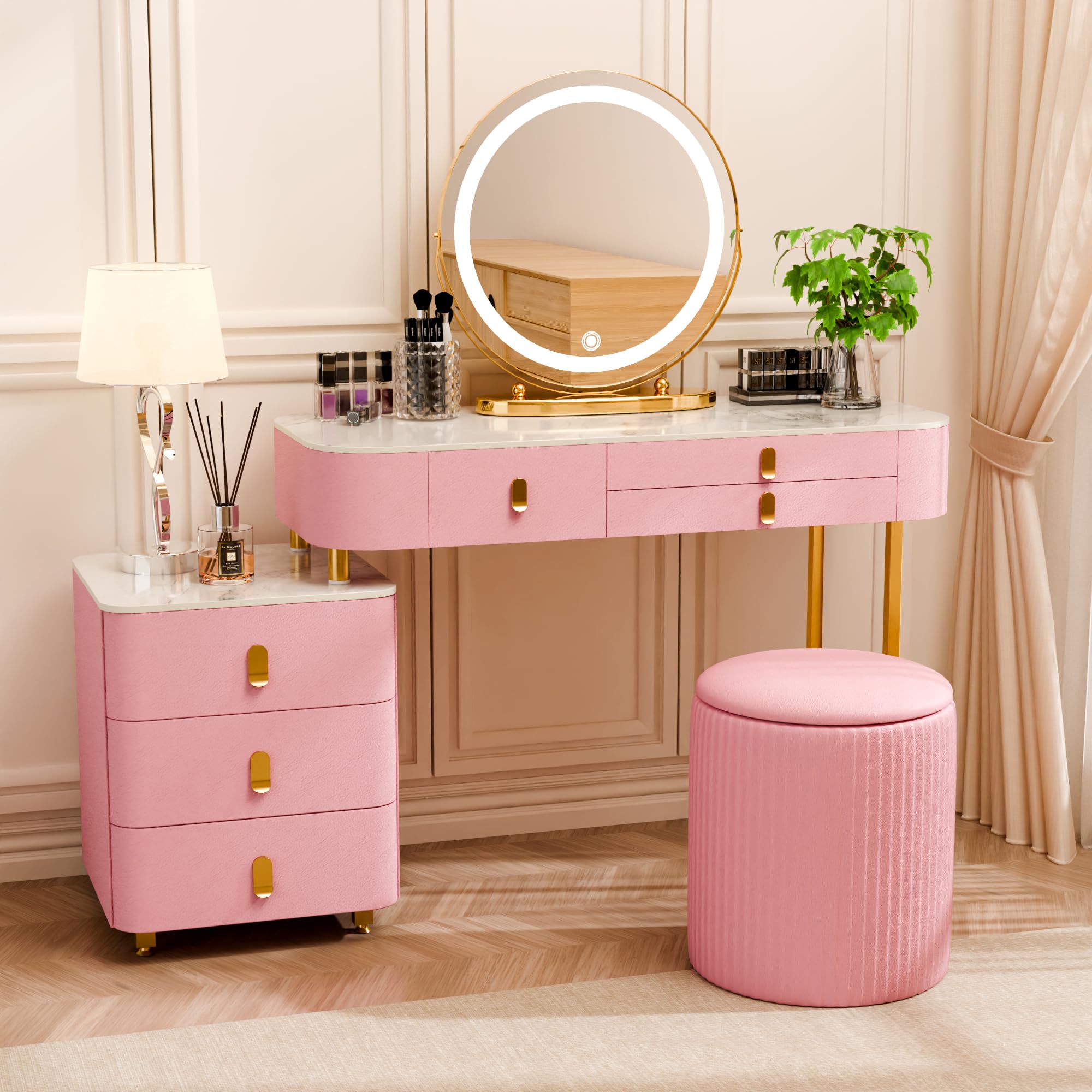 Hunlyman Luxury Makeup Vanity-Vanity Desk with 3-Color Adjustable Lights and 6 Solid Wood Drawers,Dressing Table with Side Cabinet Marble Desktop for Modern Bedroom for Her Gift (Pink)