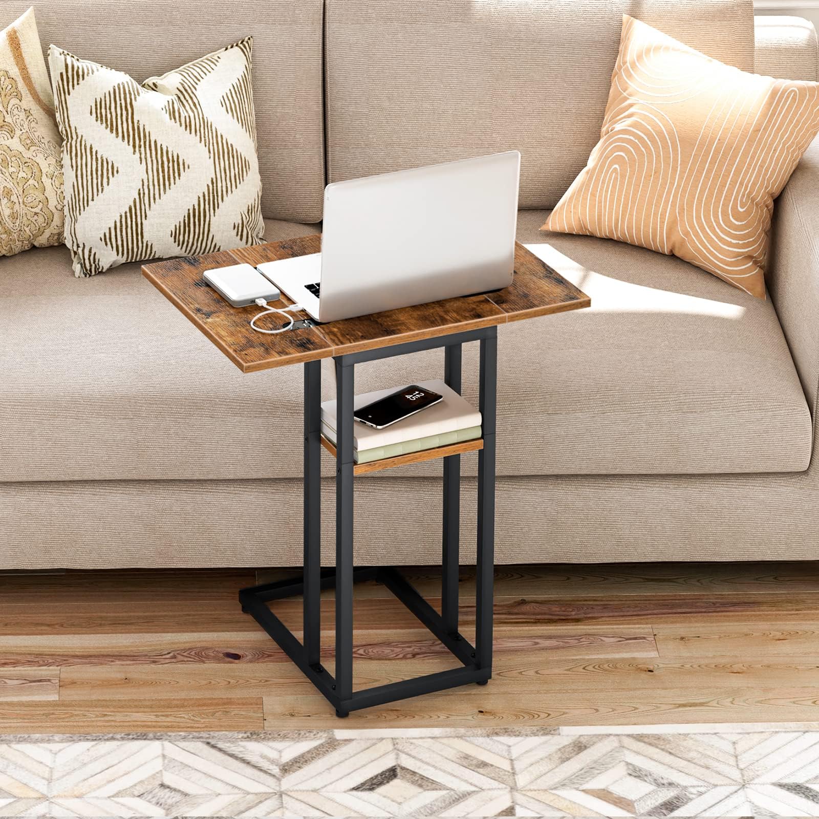 Foldable End Table, C Shaped Side Table with Storage Shelf, Small Snack Table Suitable