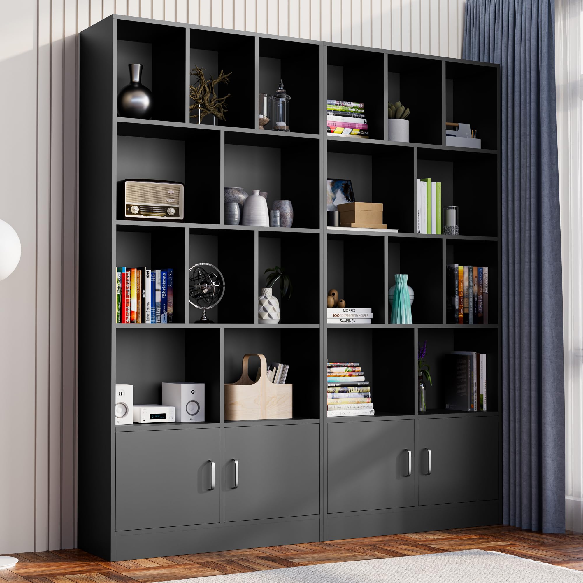 Cozy Castle 70" Tall Black Bookshelf with 12 Cubes and 2 Doors, 4-Tier Open Shelf Bookcase with Cabinet, Modern Cube Storage Organizer for Living Room, and Office
